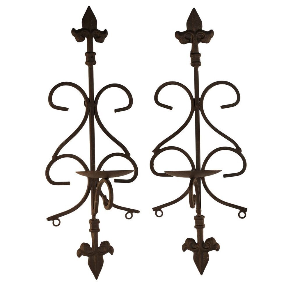 Wrought Iron Fleur-De-Lis Wall Sconces Set Of 2 Candle Holders Decorative Accent